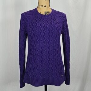 Michael Kors Women Fisherman Cable Knit Crewneck Sweater Purple L Cozy Classic